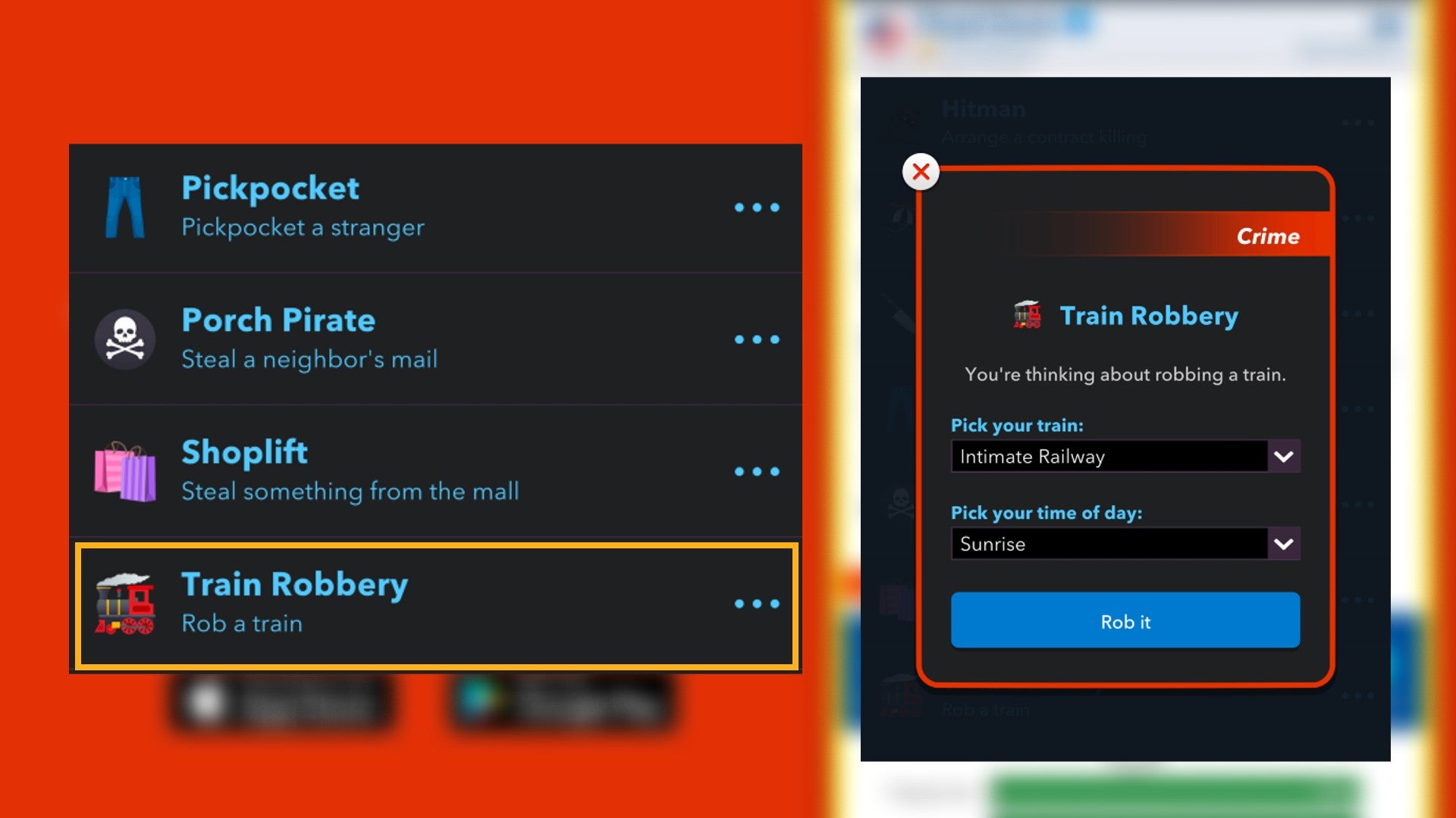 The option to rob a train is shown in Bitlife - 3