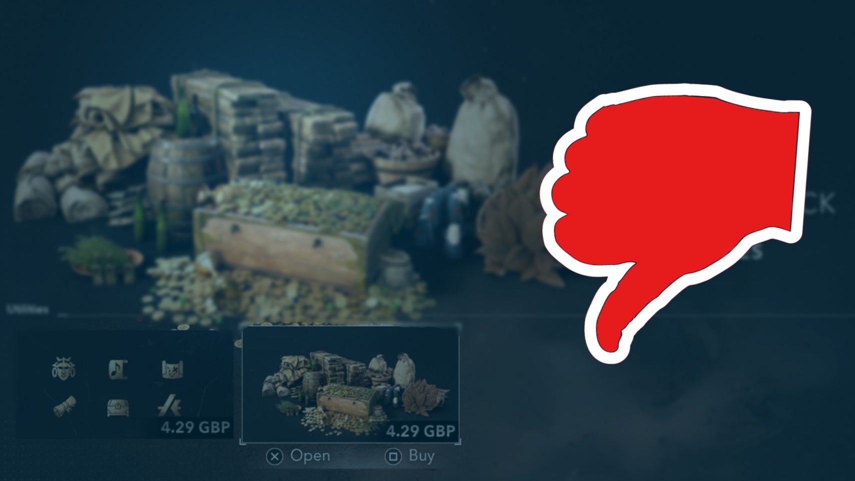 Big red thumbs down over a page of a microtransaction in Black Flag Resynced.