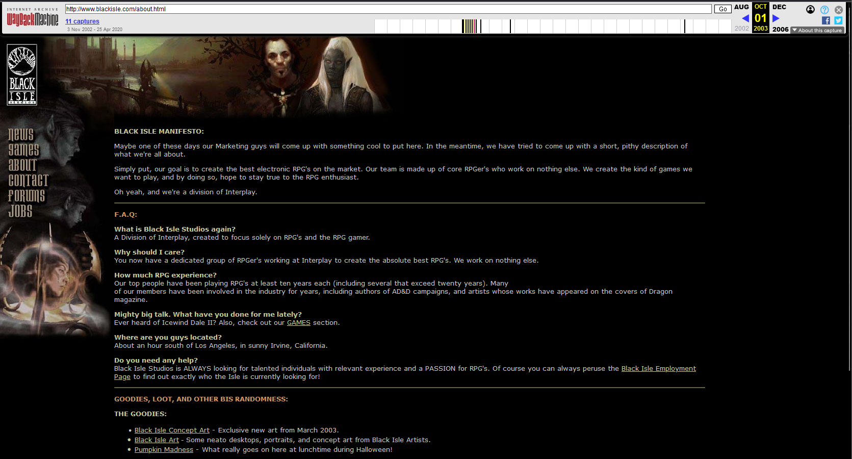A screen from the old Black Isle website showing its FAQ and manifesto