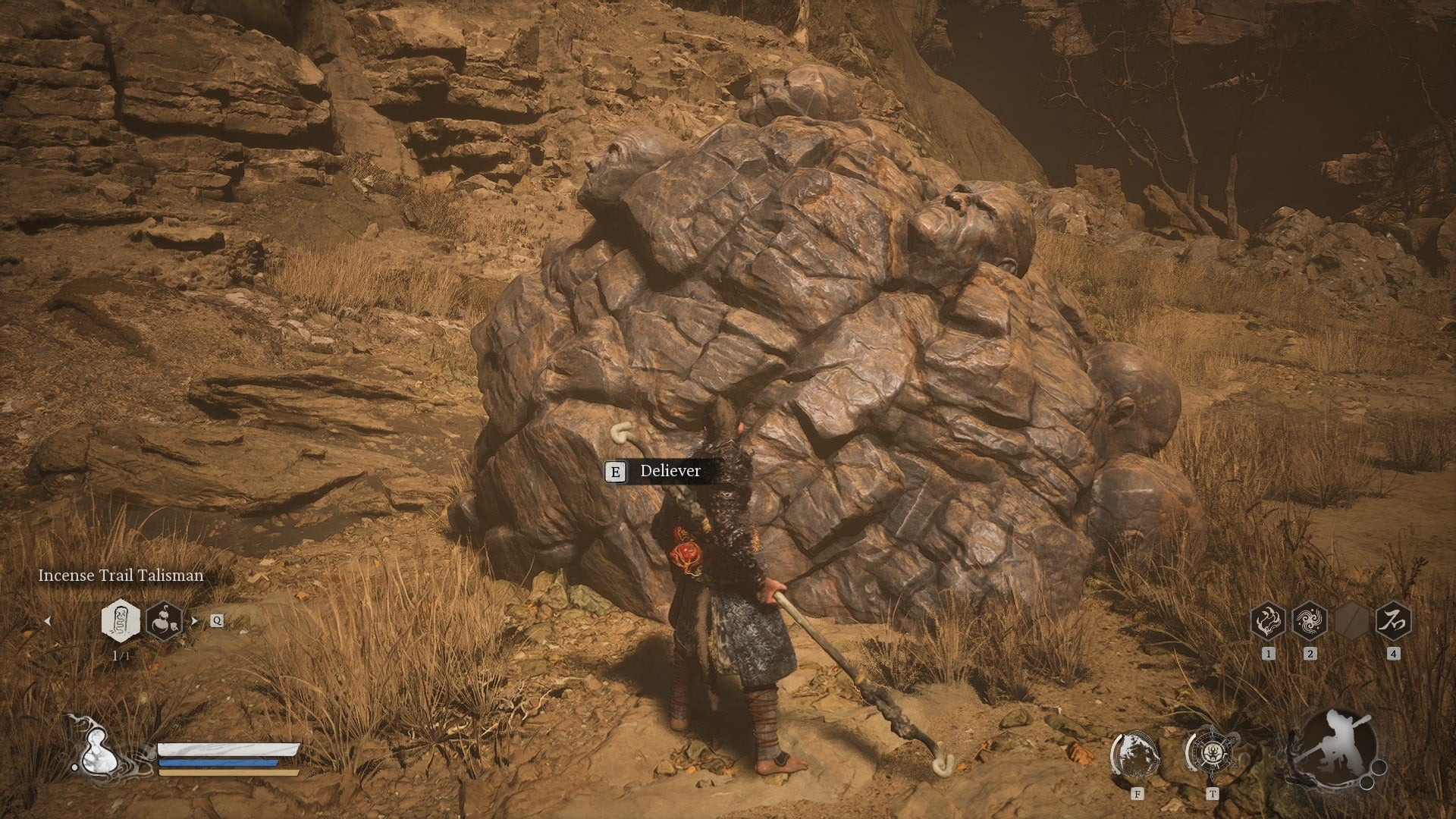 The player uses the Buddha&rsquo;s Eyeballs at a rock in the Stone Vanguard&rsquo;s boss arena in Black Myth Wukong