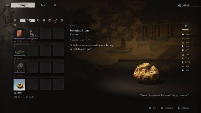 The player looks at purchasing the Sobering Stone from the Man-in-Stone in Black Myth Wukong