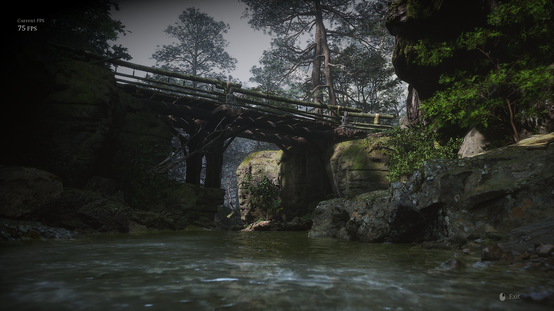 A screenshot of the Black Myth: Wukong benchmark tool in action, showing a wooden bridge over a quiet river. - 4