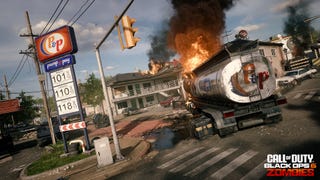 The exterior of a garage with a burning truck outside is shown in Black Ops 6 Zombies