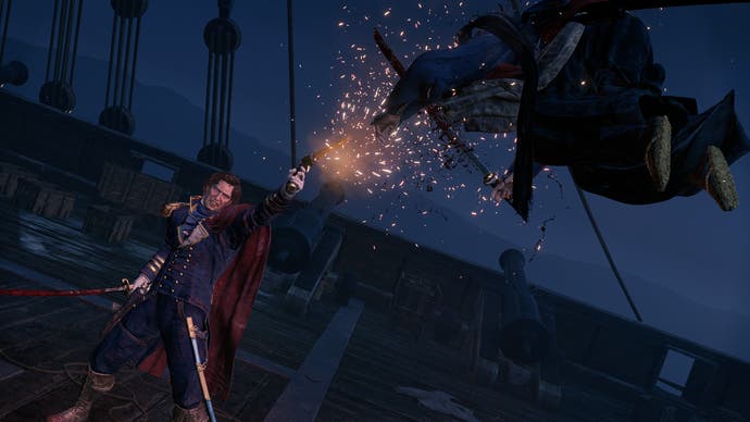 Captura de pantalla oficial de Rise of the Ronin que muestra a un jugador disparando a un enemigo en el aire con una pistola a bordo de un barco.
