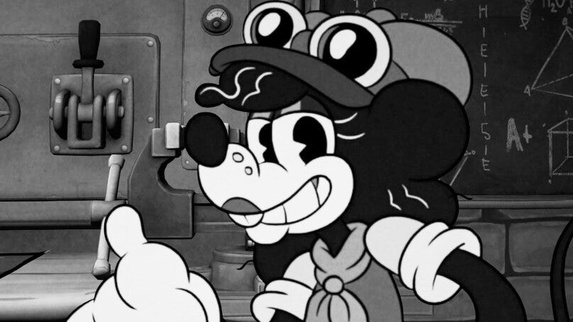 Black and white image of a mouse named Tammy Tumbler in Mouse PI for Hire