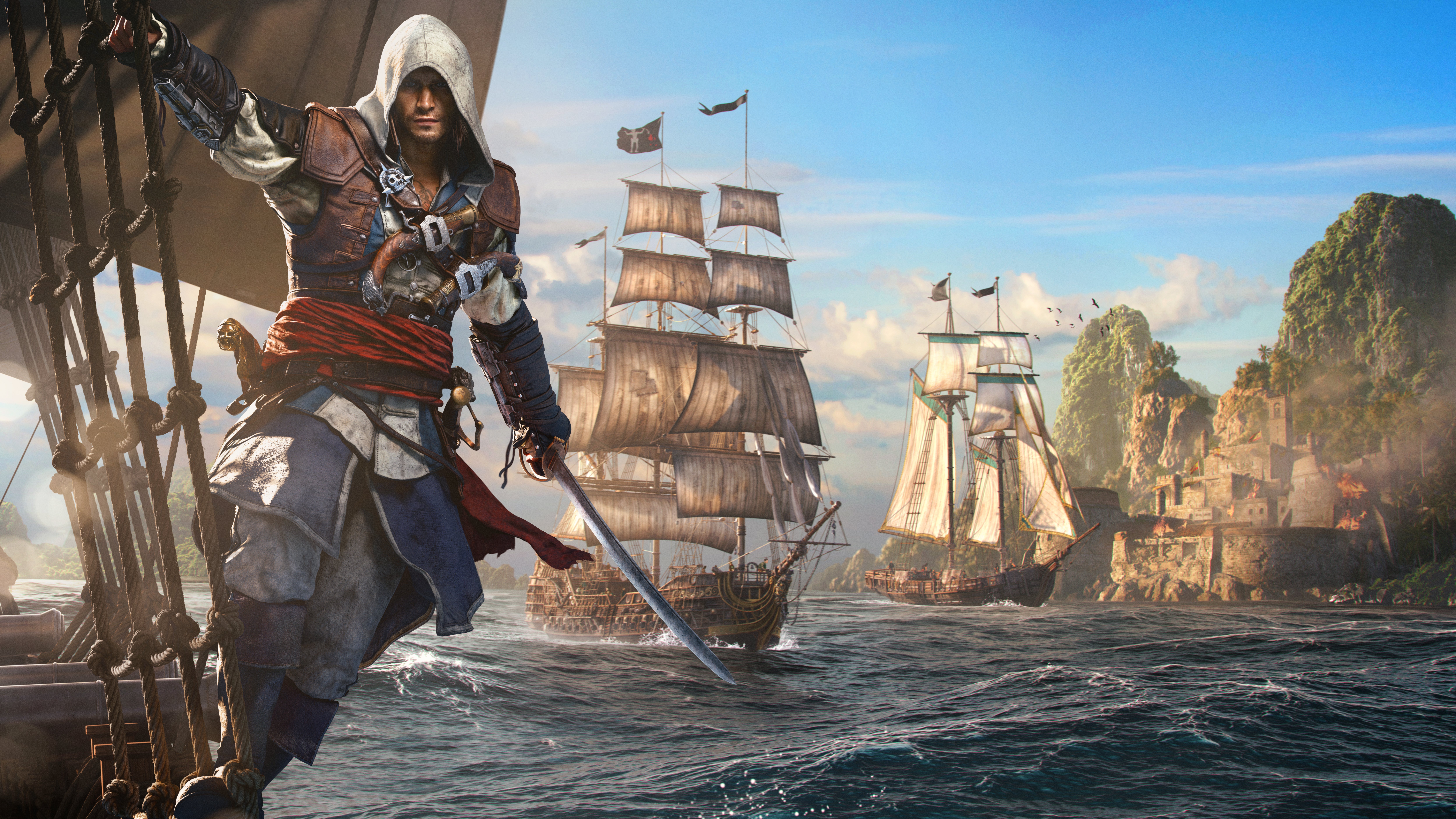 AC Black Flag Resynched official image showing the protagonist leaning off the rigging of a ship, several other ships in the background at sea