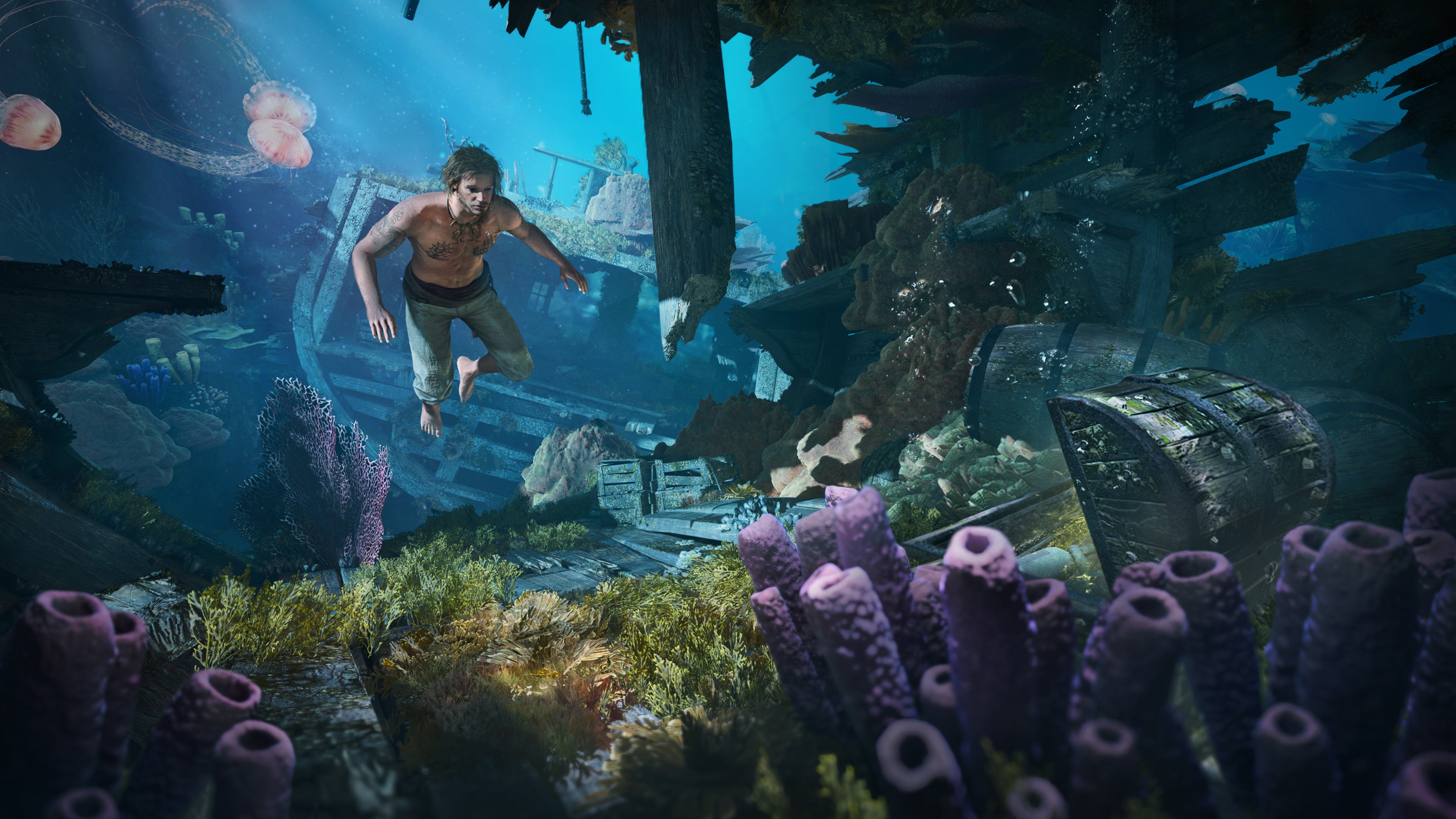 AC Black Flag Resynched official image showing a character swimming bare-chested under water towards coral in the foreground