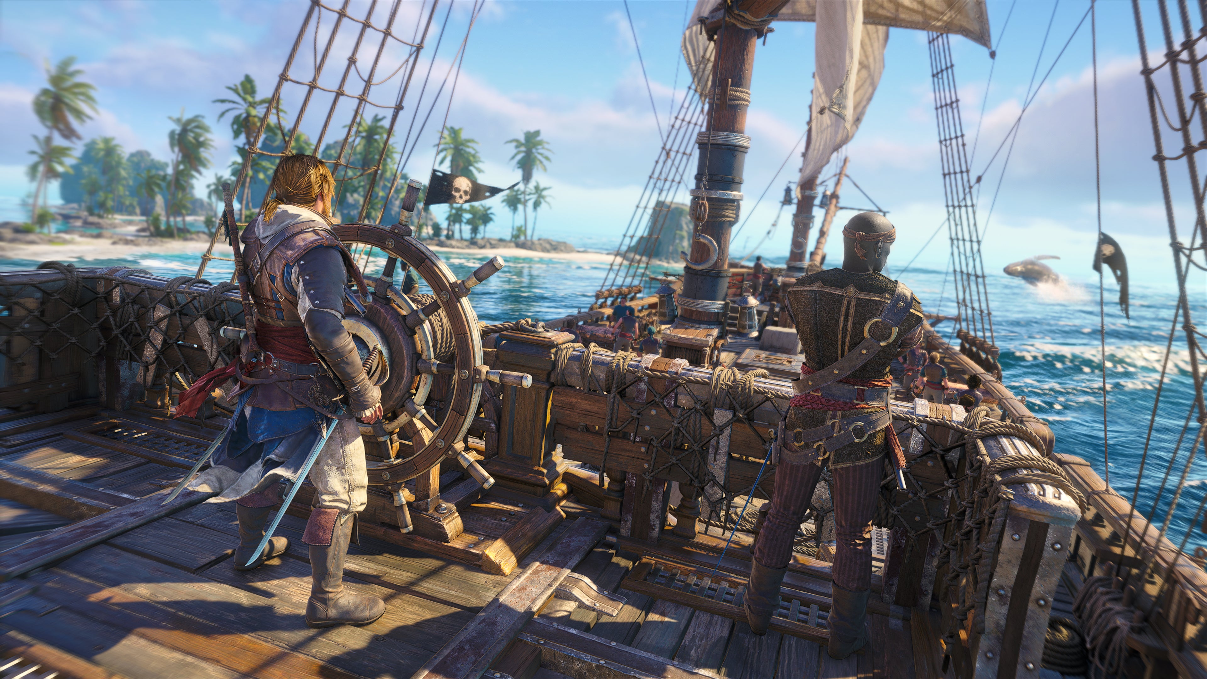 AC Black Flag Resynched official image showing pirates at the helm of a ship