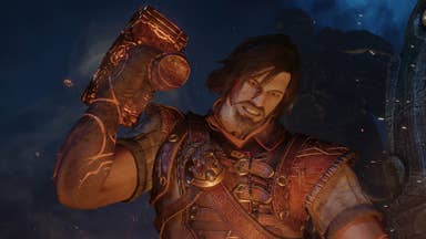 A muscular man (Aran) is about to swing his forging hammer as he stands over a flaming hot piece of steel on an anvil.