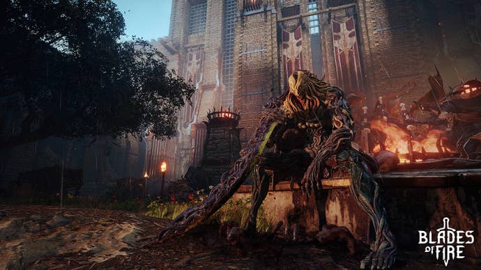 A humanoid-shaped but not human monster, with a sword for an arm, that’s all twisted, mottled flesh, sits slumped on a wall. Best not disturb them.