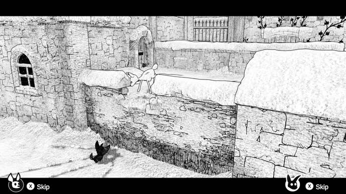 A Blanc screenshot showing the fawn looking down on the wolf pup from the top of a wall