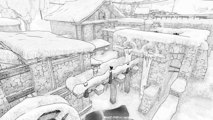 The fawn and wolf pup make their way across the rooftops of a village in Blanc