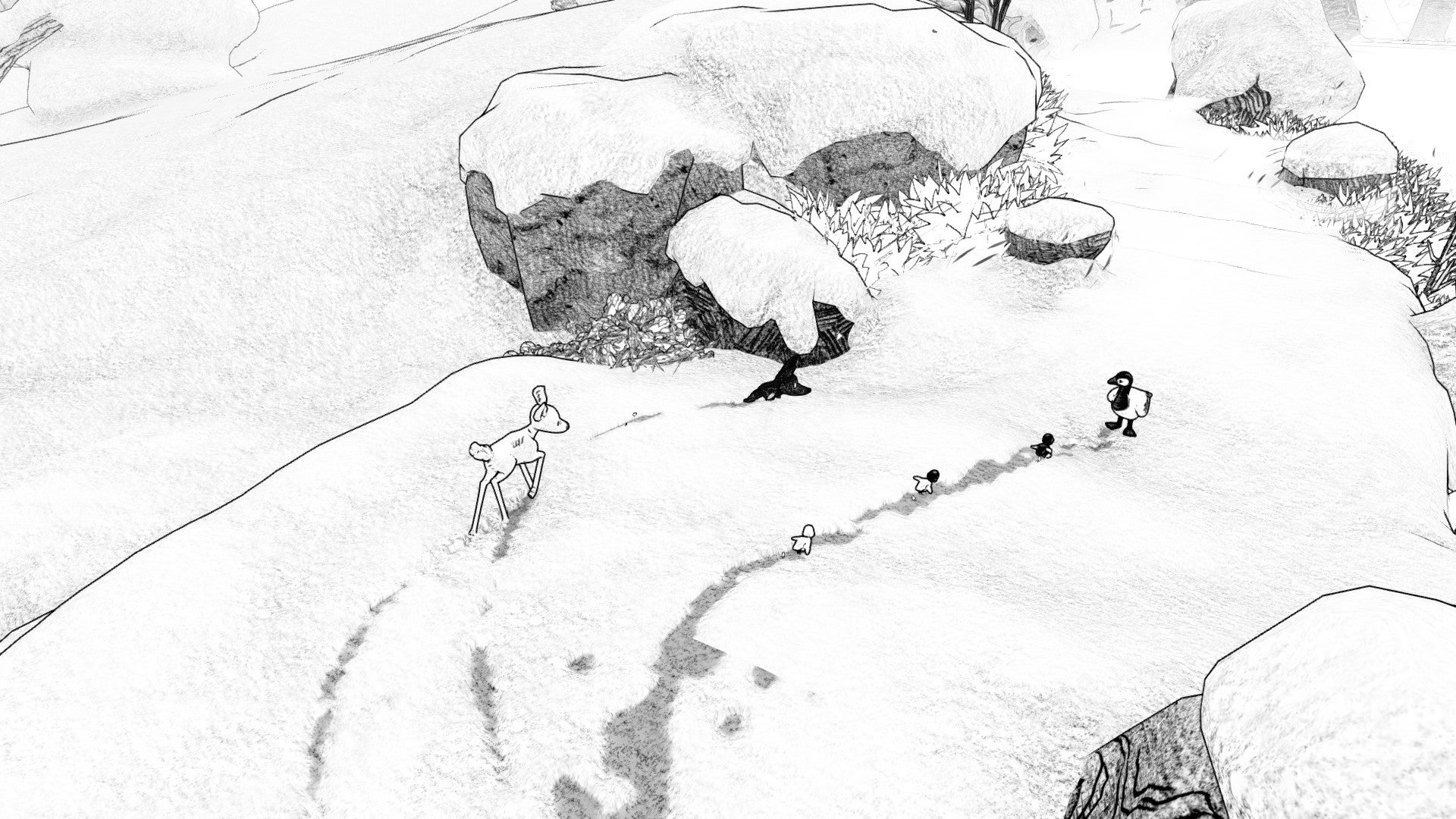 The fawn and wolf pup escort a duck family through the snow in Blanc