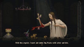 A giant woman in a simple white smock, the flesh of her arm pinned to the wall, reaches towards the player in Blasphemous 2 with the skeleton of that same arm