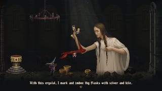 A giant woman in a simple white smock, the flesh of her arm pinned to the wall, reaches towards the player in Blasphemous 2 with the skeleton of that same arm