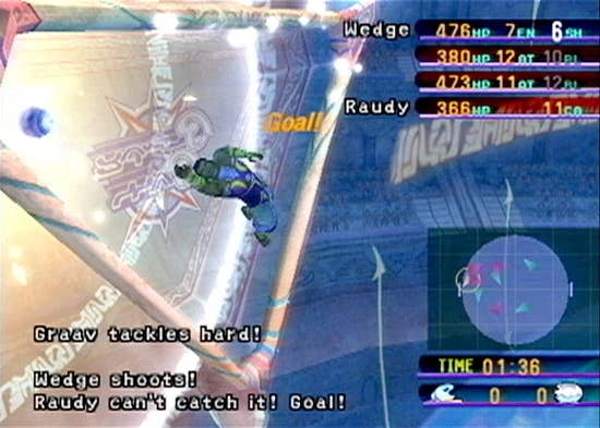A screenshot of a Blitzball match in Final Fantasy 10 - player Wedge has snuck the ball past goalie Raudy. It’s another win for the Besaid Aurochs!