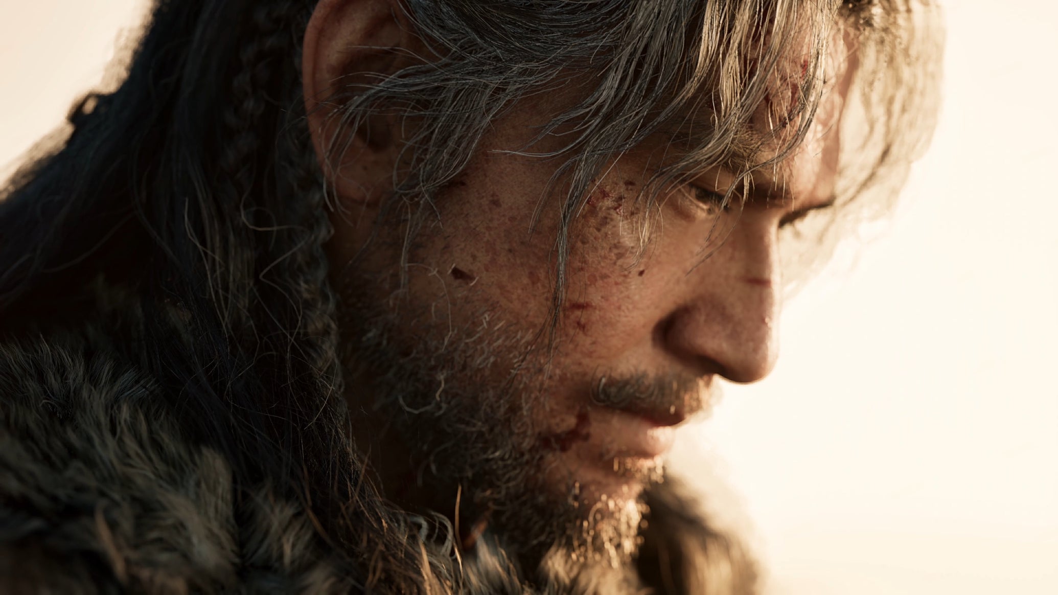 A close-up of the face of a Tang dynasty era Chinese man with a beard and long dirty hair against a sunlit backdrop, from the game Blood Message. - 1