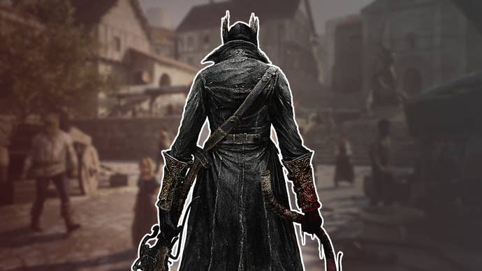 The main Hunter character from Bloodborne stands, back to the viewer, facing a blurred image of Vernmouth from Dragon’s Dogma 2.