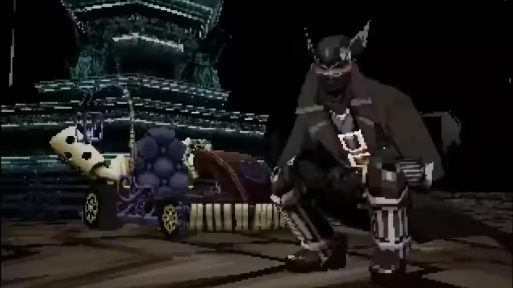 A hunter hunkers down next to their go kart in Bloodborne Kart, complete with PS1-style graphics