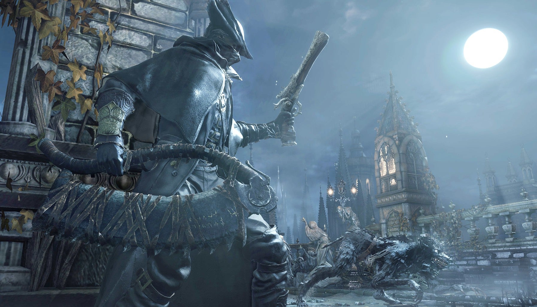 Bloodborne artwork showing a cloaked male known as a Hunter skulking in a moonlit gothic city