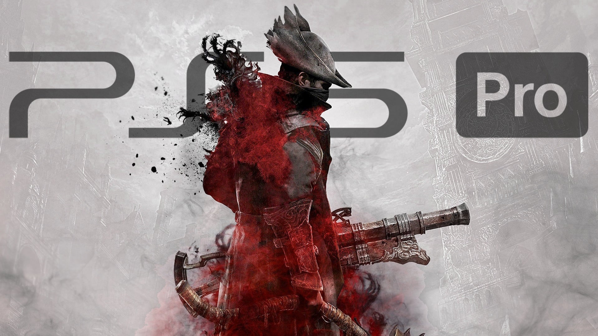 The hunter from Bloodborne stands in the middle of the image, with a white Yharnam behind him and the PS5 Pro logo, too. - 1