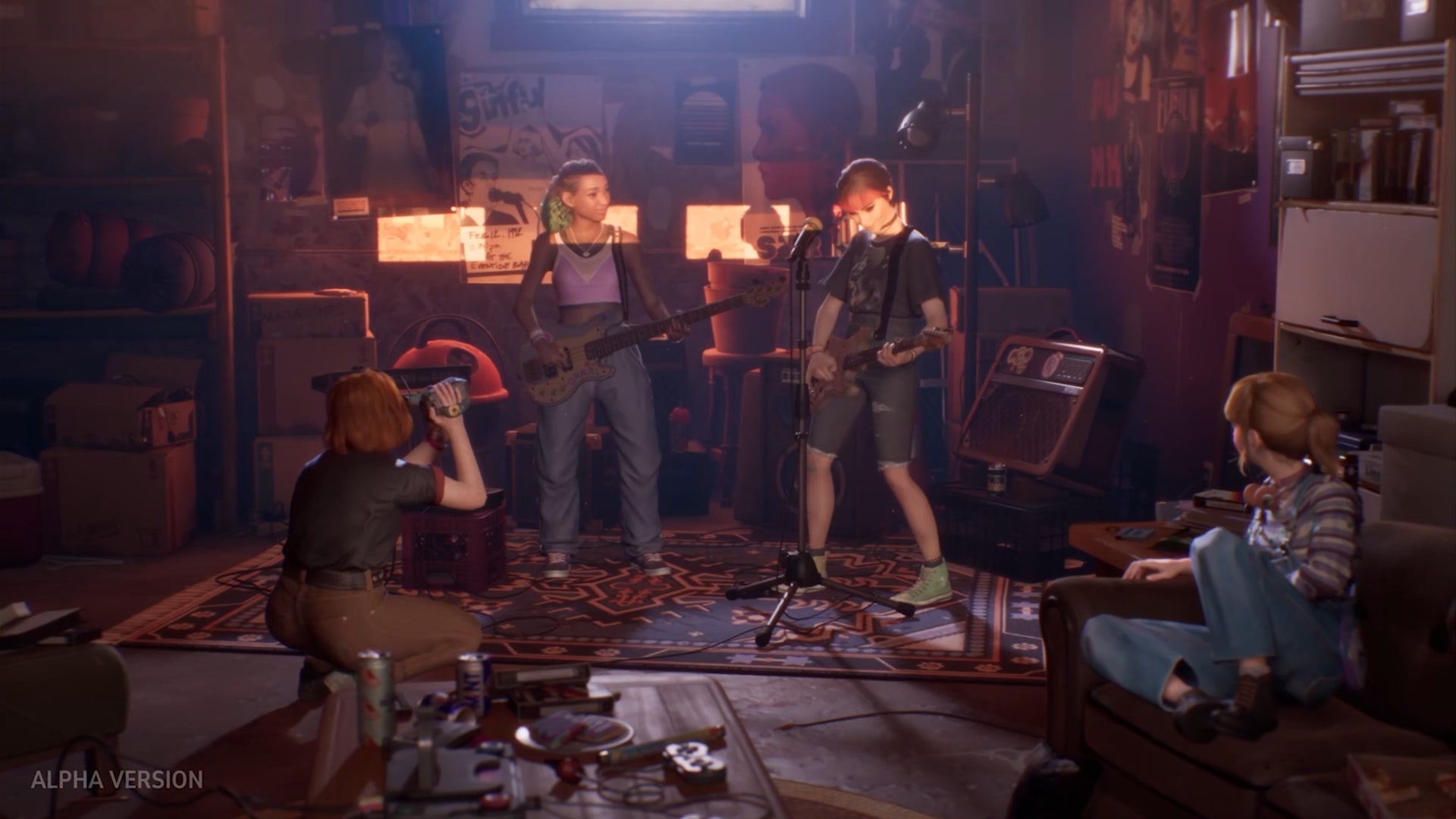 Bloom & Rage practice in Nora's basement, with Autumn and Nora in the band, Swann filming, and Kat observing off to the side as she writes. - 4