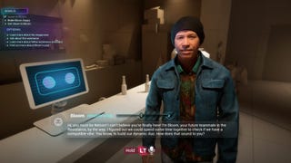 Ubisoft Neo NPC game demo showing a character talking to the player, with generated dialogue text on screen.