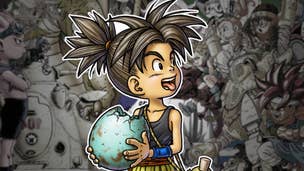 Shu, from Blue Dragon, eats a big egg and sticks his tongue out – overlaid over a composite of characters from Akira Toriyama.