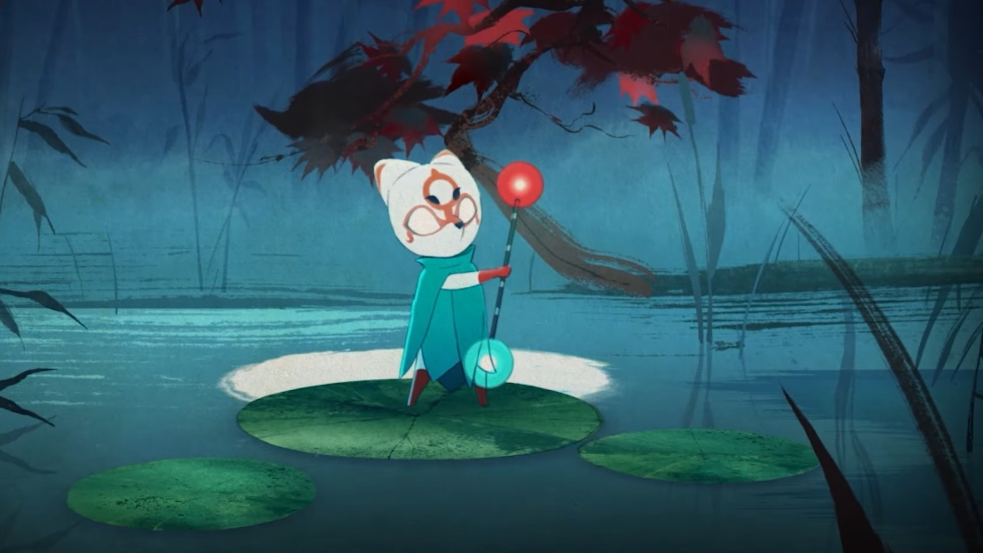 Main character in Bo Path of the Teal Lotus stood on a lotus leaf holding a blue and green staff