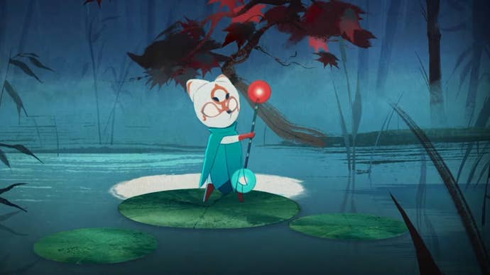 Main character in Bo Path of the Teal Lotus stood on a lotus leaf holding a blue and green staff