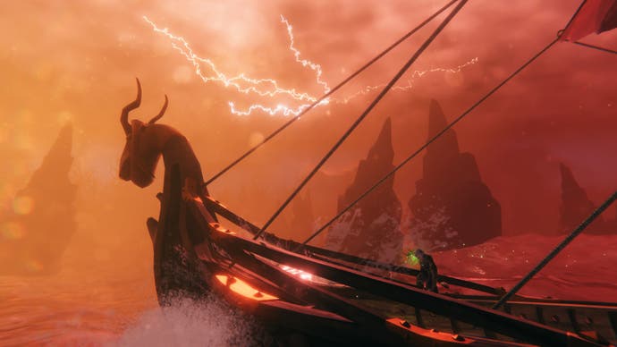 A large Viking vessel is in the foreground, it has a decorative dragon head on the bow. The sky is red and stormy, lightning flashes overhead, and a Viking can be seen on the ship.