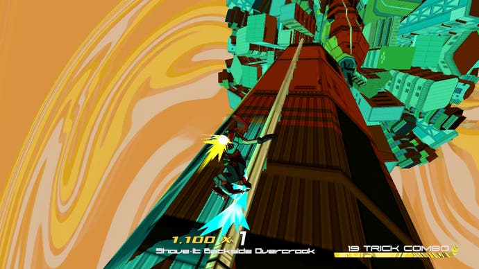 A skater grinds a rail across a mysterious hallucinogenic space in Bomb Rush Cyberfunk