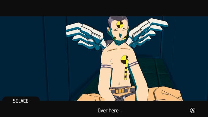 A crash test dummy with angel wings looks sad in Bomb Rush Cyberfunk. He says, "Over here..."