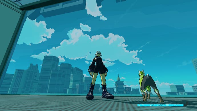 A hero and a dog stare at the city and a huge blue sky in Bomb Rush Cyberfunk
