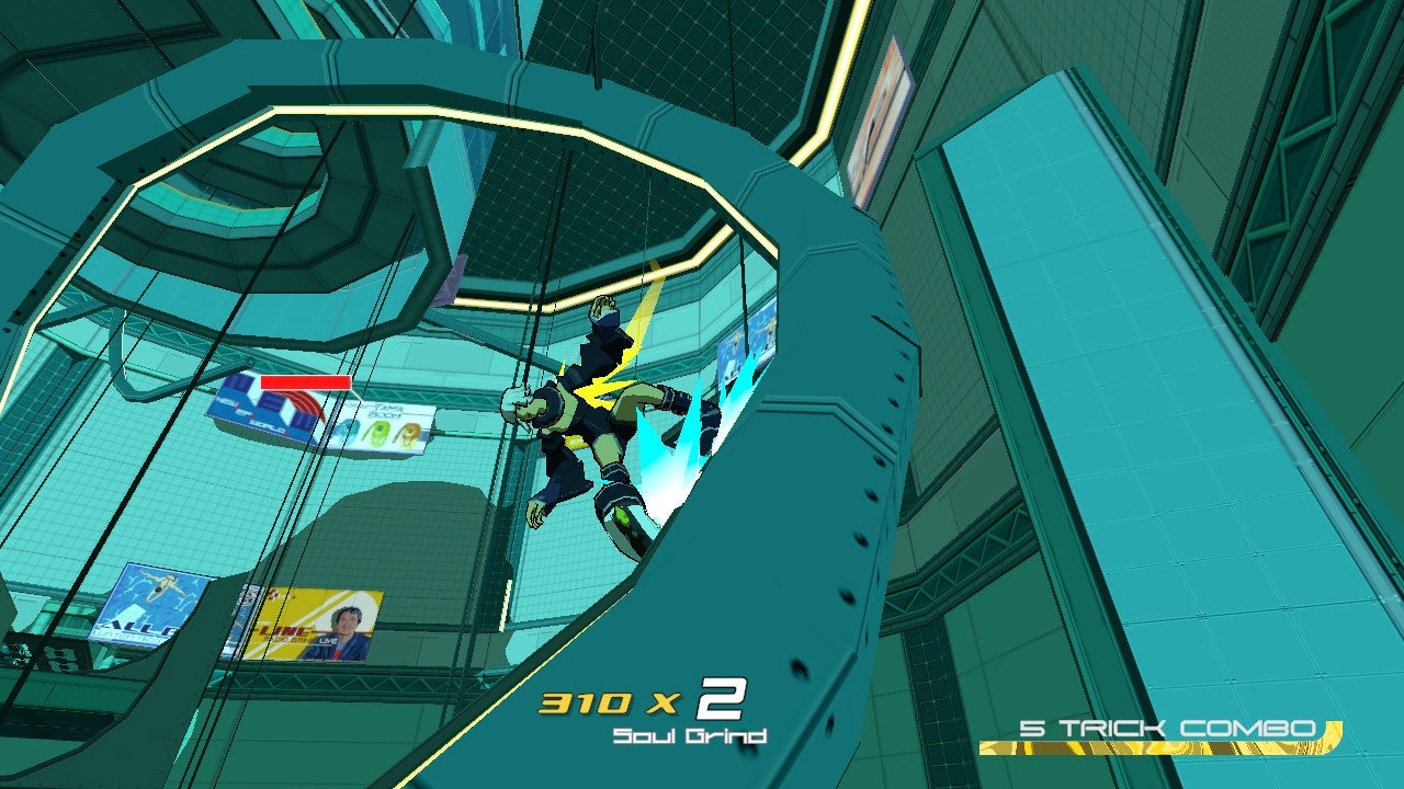 Grinding a looping rail in Bomb Rush Cyberfunk