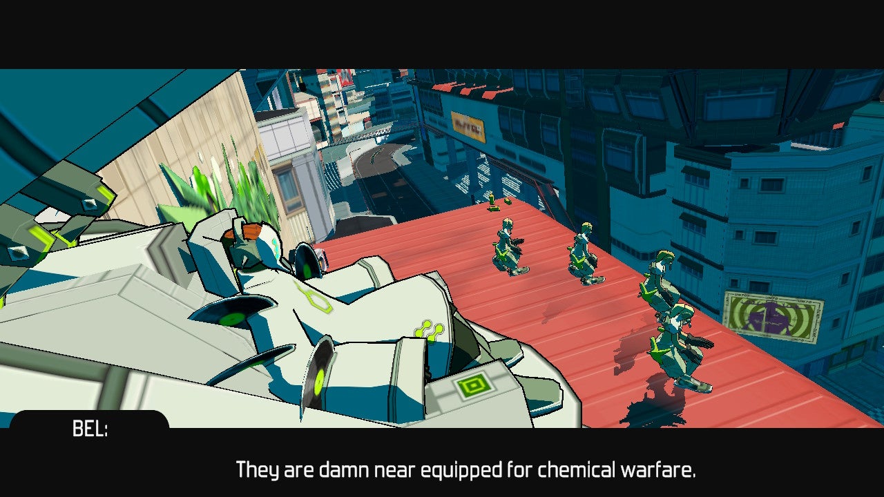 A villain sits on a throne above their crew in Bomb Rush Cyberfunk. He says, &ldquo;They are damn near equipped for chemical warfare."