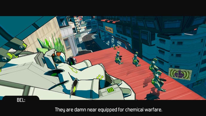 A villain sits on a throne above their crew in Bomb Rush Cyberfunk. He says, "They are damn near equipped for chemical warfare."