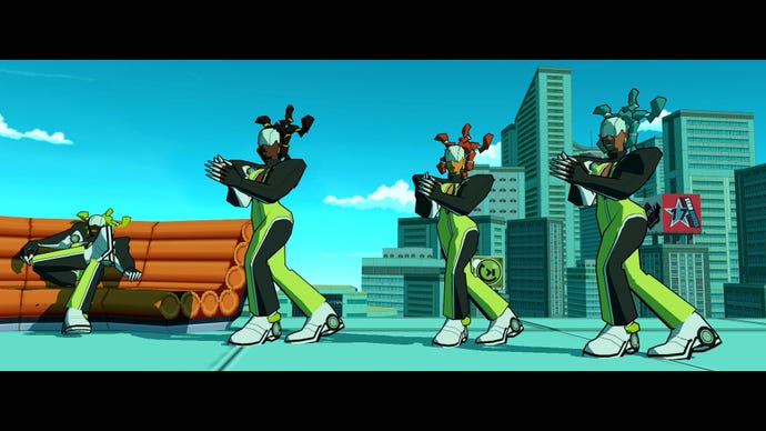 Three dancers with metal masks stand on top of a skyscraper