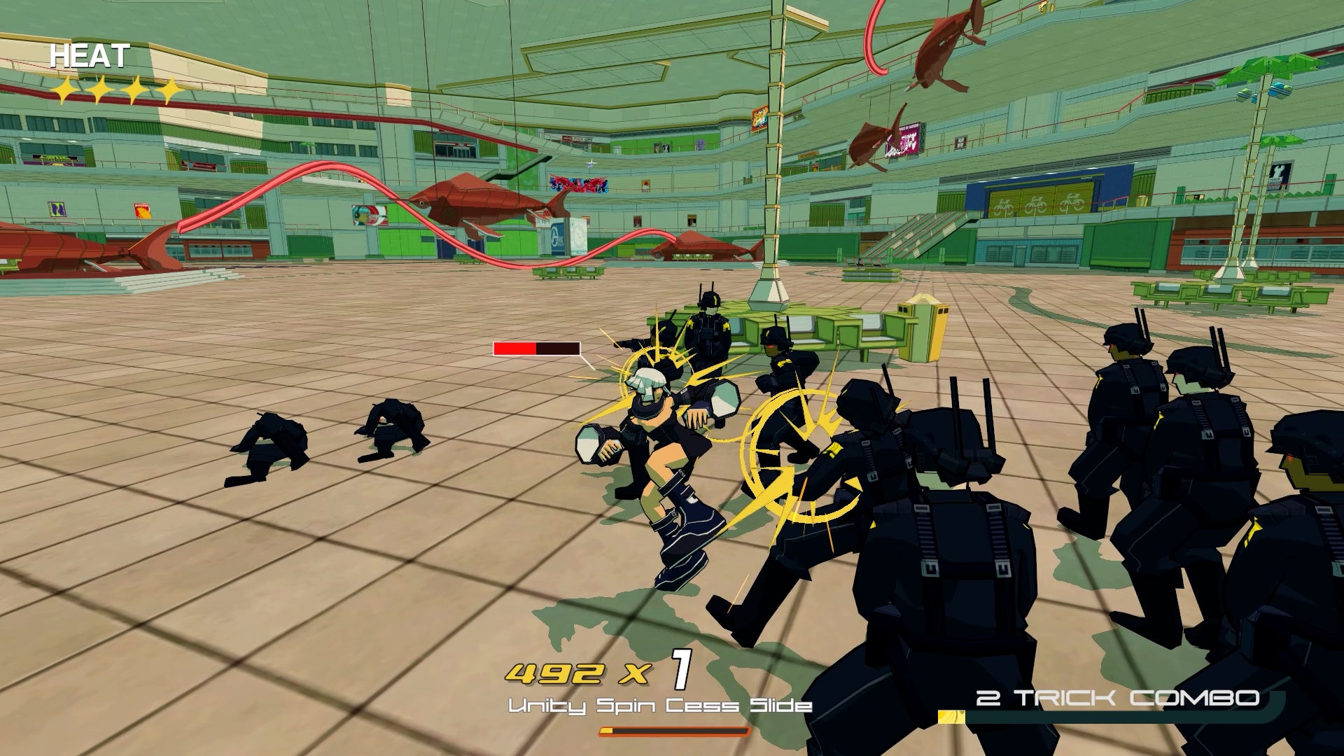 A woman fights a crowd of police officers in a shopping mall