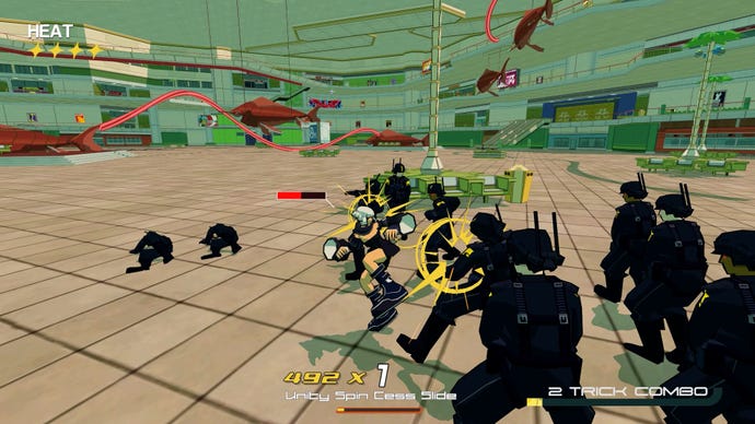 A woman fights a crowd of police officers in a shopping mall