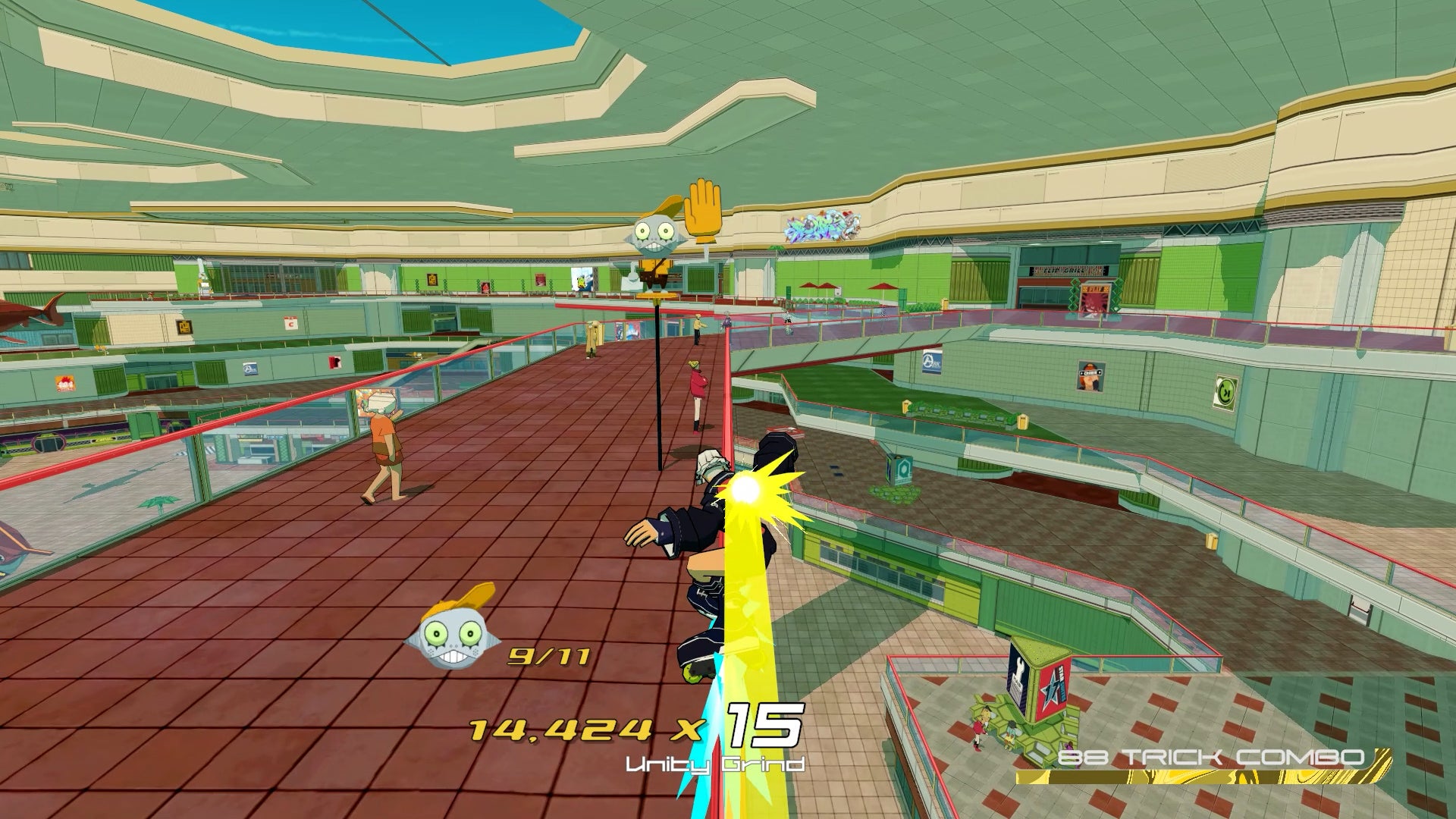 A woman stakes on a railing in a shopping mall