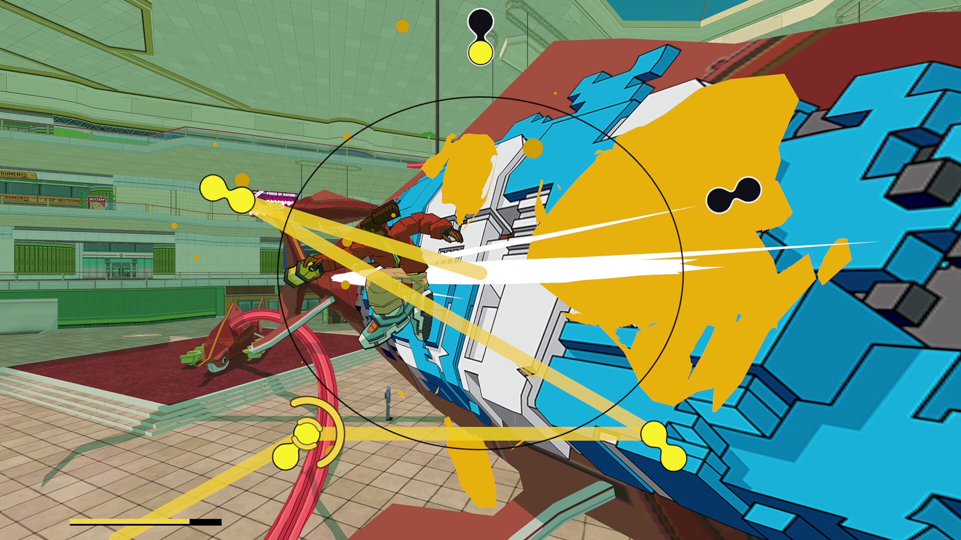 Laying down a tag in Bomb Rush Cyberfunk, moving the stick to create lines between the points surrounding a circle.