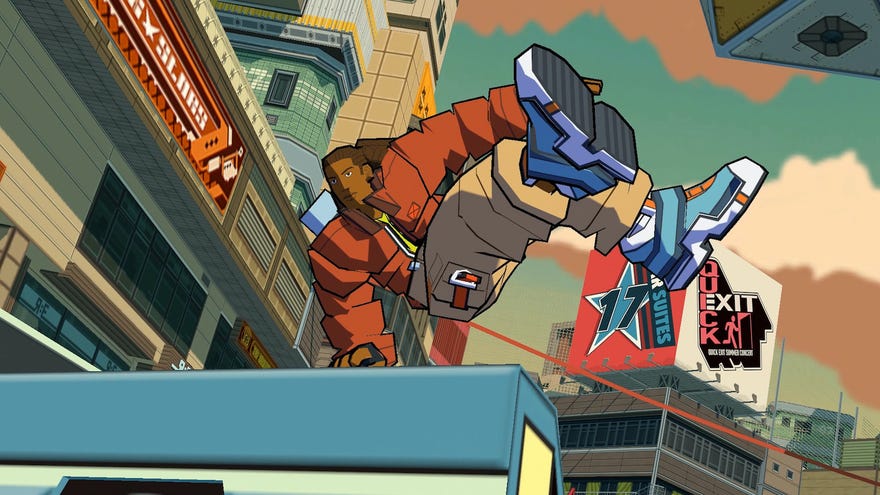 Cel-shaded man in a big cool coat jumps over an object in Bomb Rush Cyberfunk