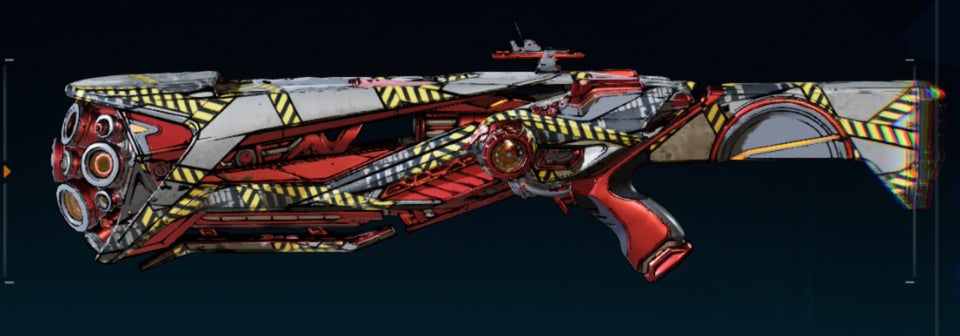 The Hazard Warning Weapon Skin on a gun in Borderlands 4.