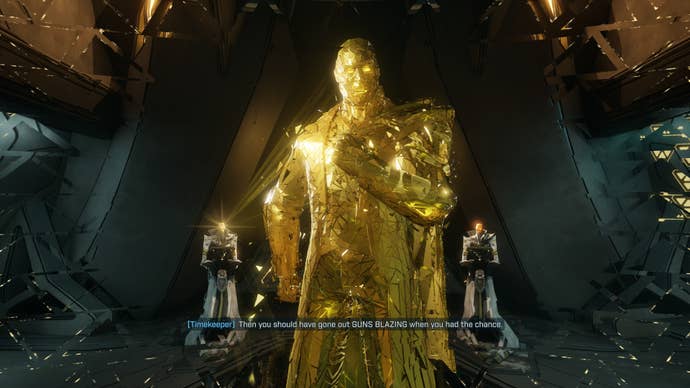 A screenshot of Borderlands 4, showing a hologram of the Timekeeper rendered in translucent golden triangles.