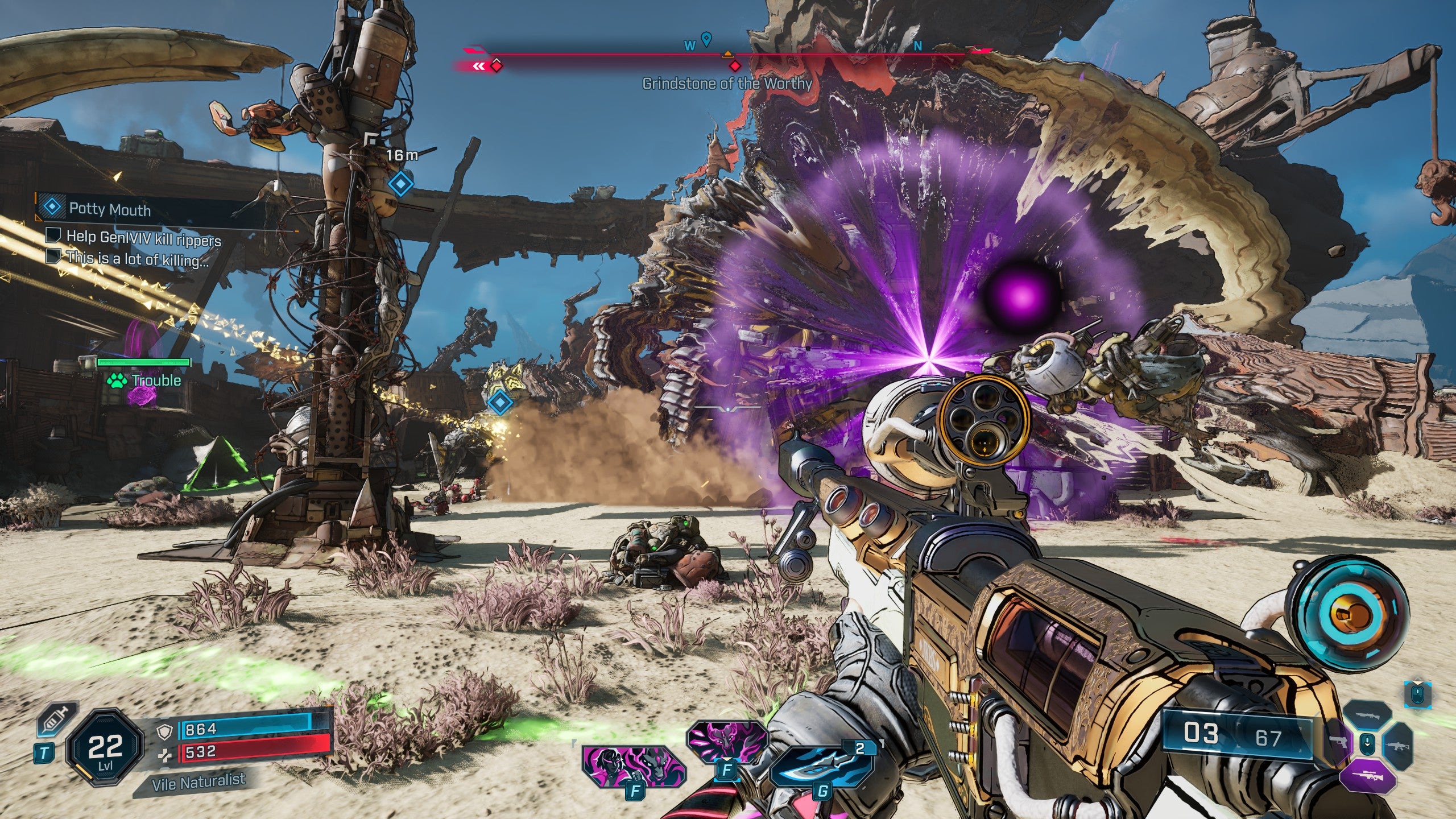 A screenshot of Borderlands 4, showing enemies being pulled toward a min-black hole inside a Ripper base.
