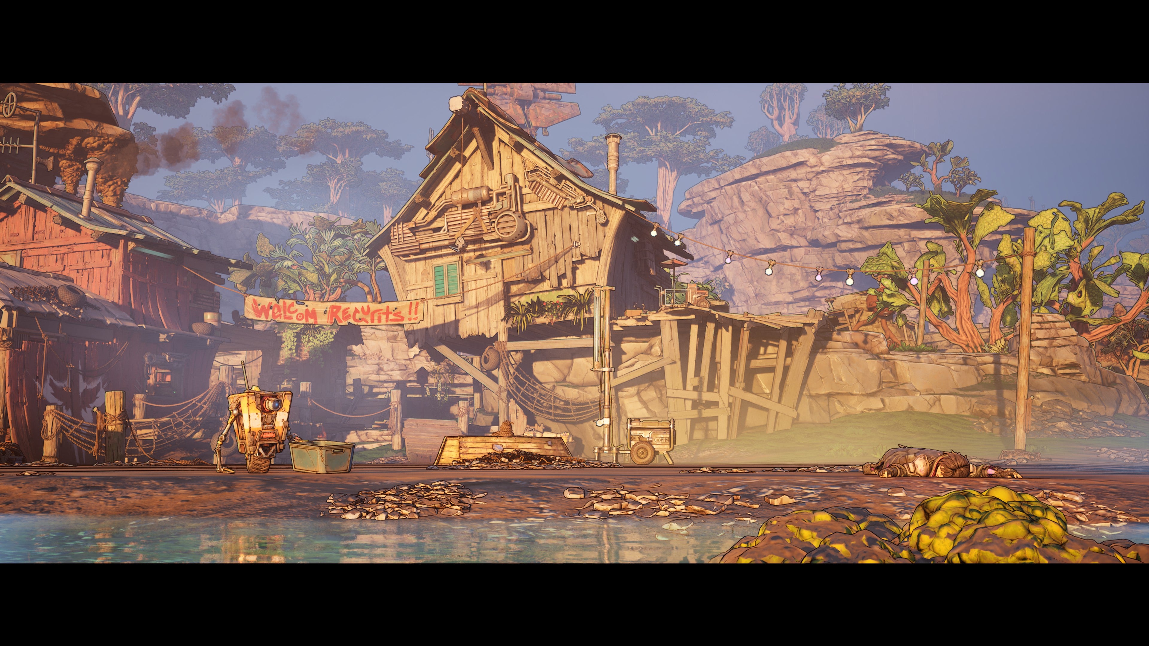 A screenshot of Borderlands 4, showing a wide-shot of Claptrap stood in front of a beachside shack &ndash; the player character lying unconscious on the ground opposite him.