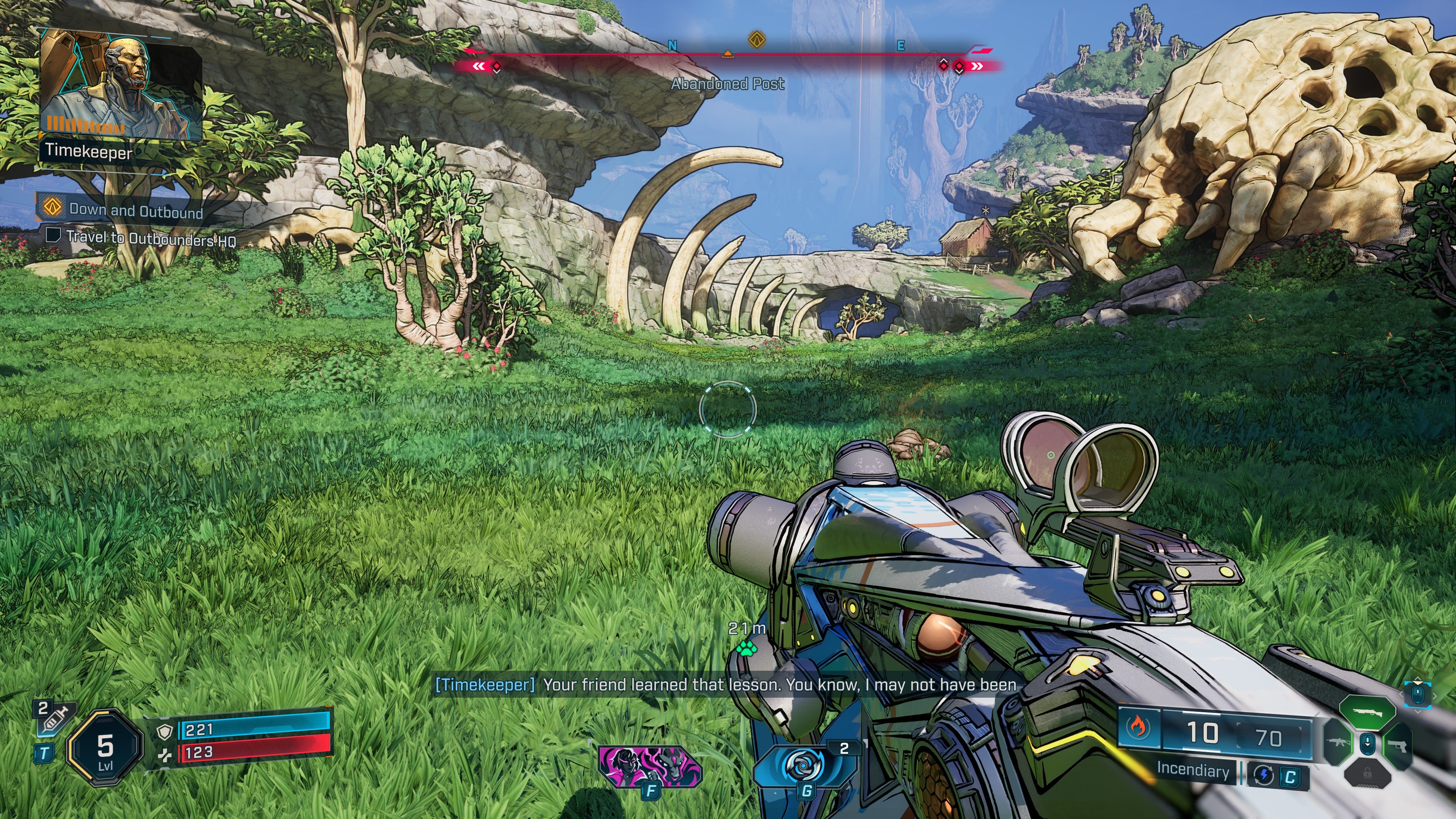 A screenshot of Borderlands 4, showing the grassy plains of the Fadefields. The ribcage of some giant beast pokes through the turf.