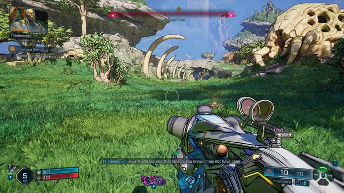 A screenshot of Borderlands 4, showing the grassy plains of the Fadefields. The ribcage of some giant beast pokes through the turf.