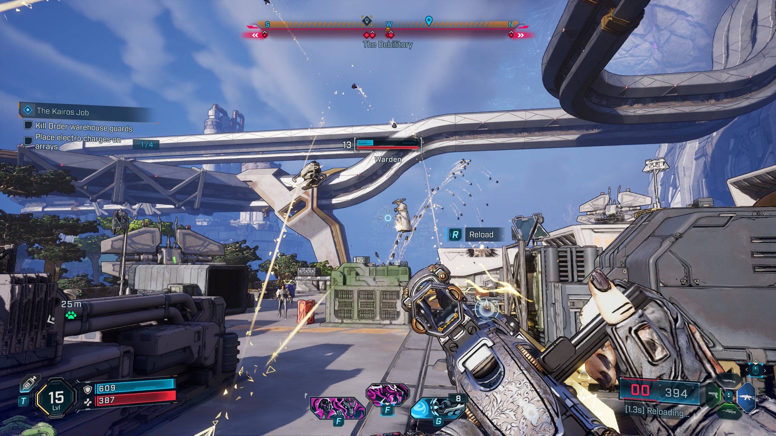 A screenshot of Borderlands 4, showing the player in combat with The Order, shooting at floating Warden enemies as cluster-artillery arcs through the sky.